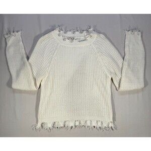 Full Circle Trends Womens Large White Knit Sweater Distressed Hem Raw Edge Boho